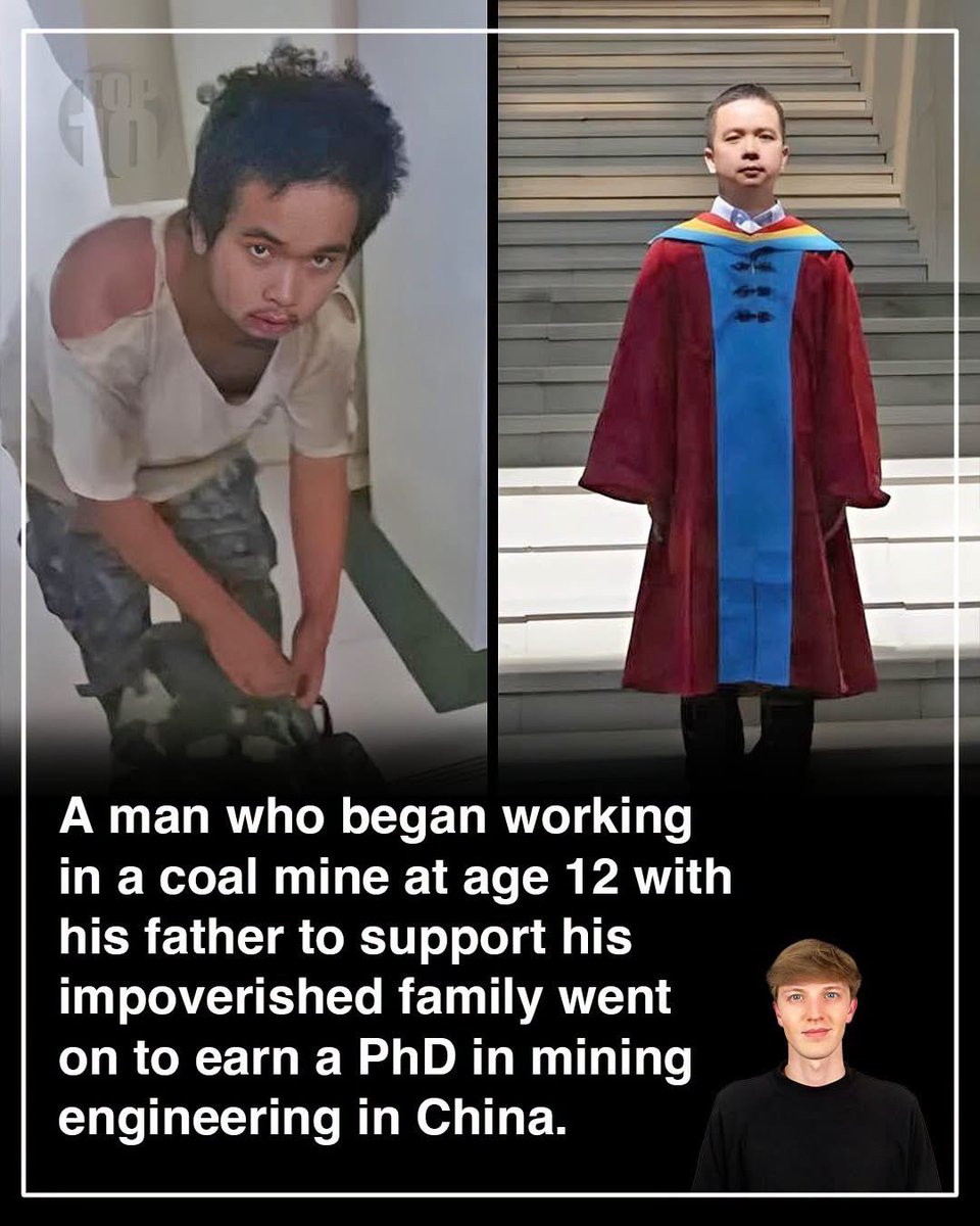 KingKong9888's tweet photo. 12 years old. Underground. Thin coal seams barely 0.8m high. 10 hour shifts with his father just so the family could eat.

That’s how China’s “Coal Miner No. 3” (挖煤老三) started.

Poor mountain village. Sent to martial arts school at 9. Back in the mines on weekends and holidays from age 12. Mother held the household together.
He never stopped studying.

Took the gaokao twice. Entered vocational college at 19. Then specialist to bachelor in geological engineering to master’s in mining engineering to PhD.
Worked every holiday: construction sites, electronics factories, highway paving, more mines, carrying explosives, restaurant jobs. Anything to keep from burdening his parents.

2020 to 2025: full time PhD at Beijing University of Technology, College of Architecture and Civil Engineering. Research on tunnel boring machines. Year plus fieldwork at Tashan Coal Mine (Shanxi) and later in Xinjiang.

Graduated June 2025. University confirmed he’s real. He asked for privacy.

From the bottom of a coal seam to doctor of engineering.

Via Top 10s on FB