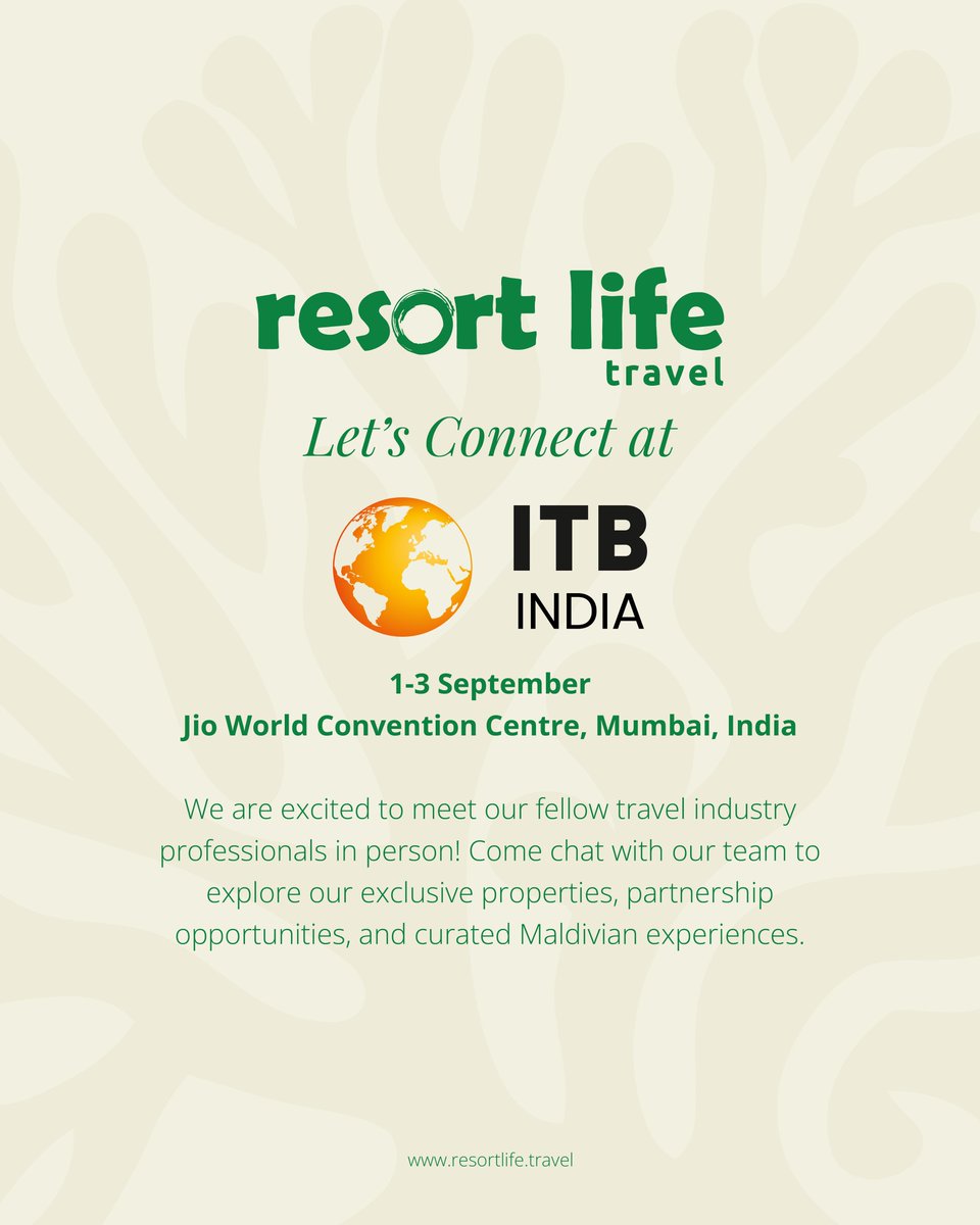 ResortlifeT's tweet photo. We’re pleased to be taking part in ITB India 2026.

As a leading DMC for the Maldives, Resort Life Travel looks forward to connecting with travel agents, tour operators, wholesalers, and industry partners from across India and beyond.

From FIT and group reservations to accommodation, transfers, MICE, charter services, and ground handling, our team is ready to explore new partnerships and strengthen existing relationships.

Let’s connect at ITB India and create more opportunities for travel to the Maldives.

#ResortLifeTravel #Maldives