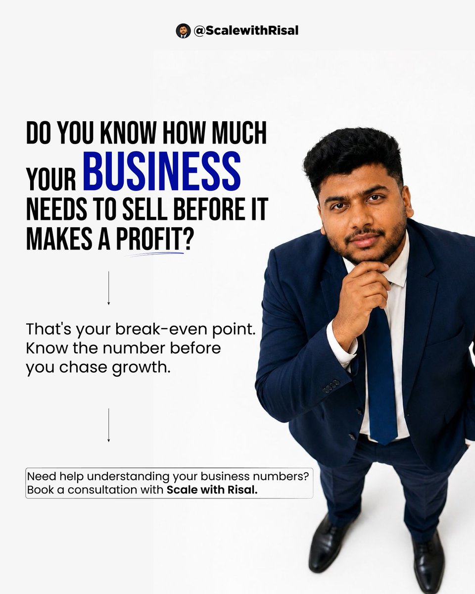 muhdrisal_'s tweet photo. Know your break-even point before you chase growth. 

Understand your numbers, set smarter targets, and grow with confidence. 

#BreakEvenPoint #BusinessFinance #BusinessGrowth #Profitability #FinancialPlanning #BusinessStrategy #Entrepreneurship #ScaleWithRisal https://t.co/dp4T6OoMOV