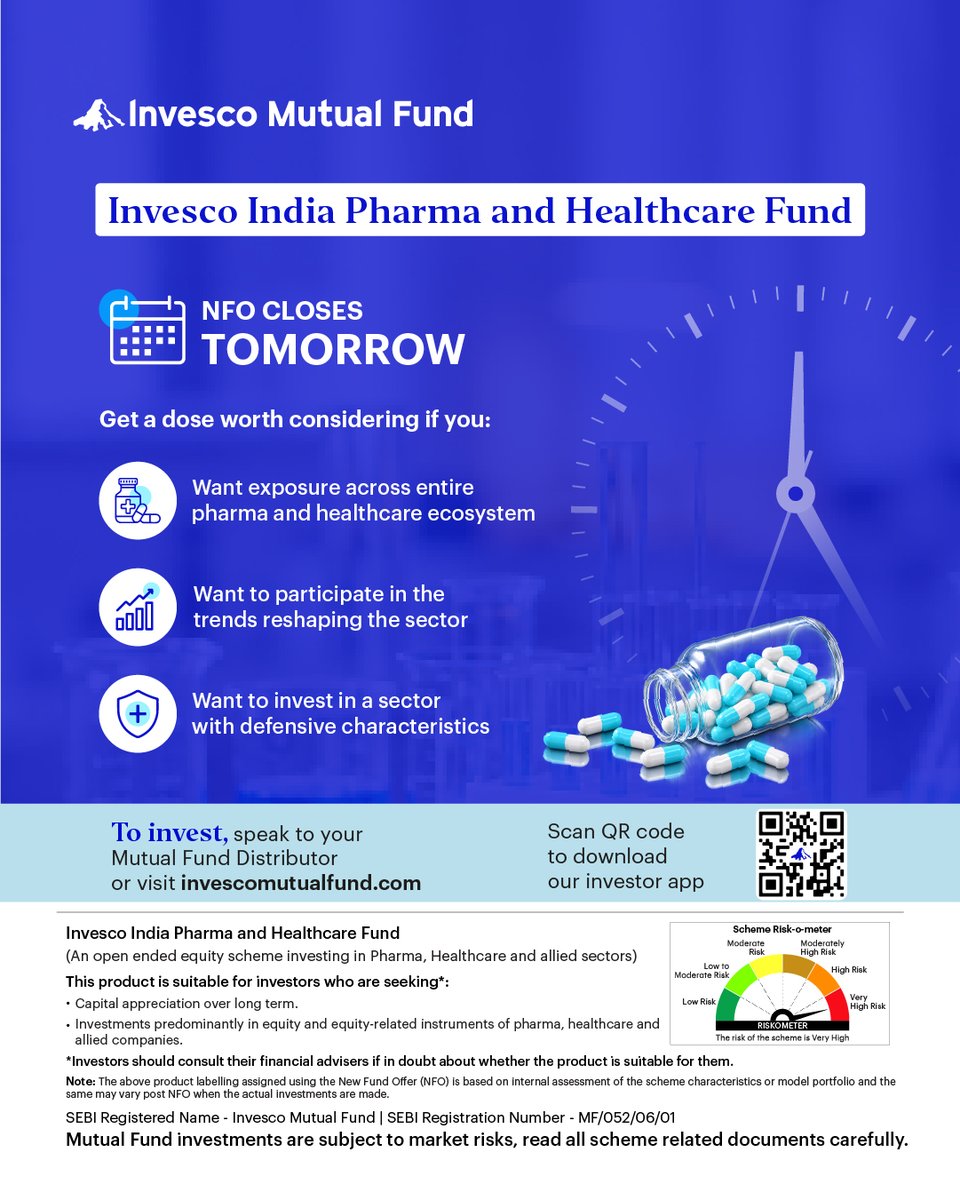 invescoindia's tweet photo. Long-term opportunities often take years to unfold.

Participating in them, however, requires making a decision in the present.

India's Pharma & Healthcare sector continues to be supported by multiple structural drivers, creating opportunities across pharmaceuticals, healthcare services, diagnostics, insurance and allied businesses.

The Invesco India Pharma and Healthcare Fund offers focused exposure to this sector through a dedicated sectoral approach.

NFO Closes Tomorrow.

Invest Now - https://t.co/lTJplfFcAz

#PharmaAndHealthcareIndia #PharmaAndHealthcare #PharmaAndHealthcareSector #PharmaAndHealthcareGrowth #Demographics #LongtermTrends #HealthcareSector #SectorInvesting #NFO #PharmaAndHealthcareFund #InvescoIndiaPharmaAndHealthcareFund #InvescoMutualFund #InvescoIndia