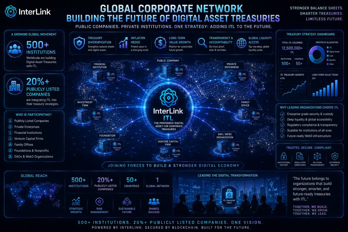 Rajuv4a's tweet photo. Create a sophisticated global corporate network showing publicly listed companies and private institutions adding ITL to their digital asset treasury strategies. Highlight “500+ Institutions.
#InterLink #ITLG #ITL #WeAreTheFirst10MLinkers https://t.co/X95ZVMJu3a