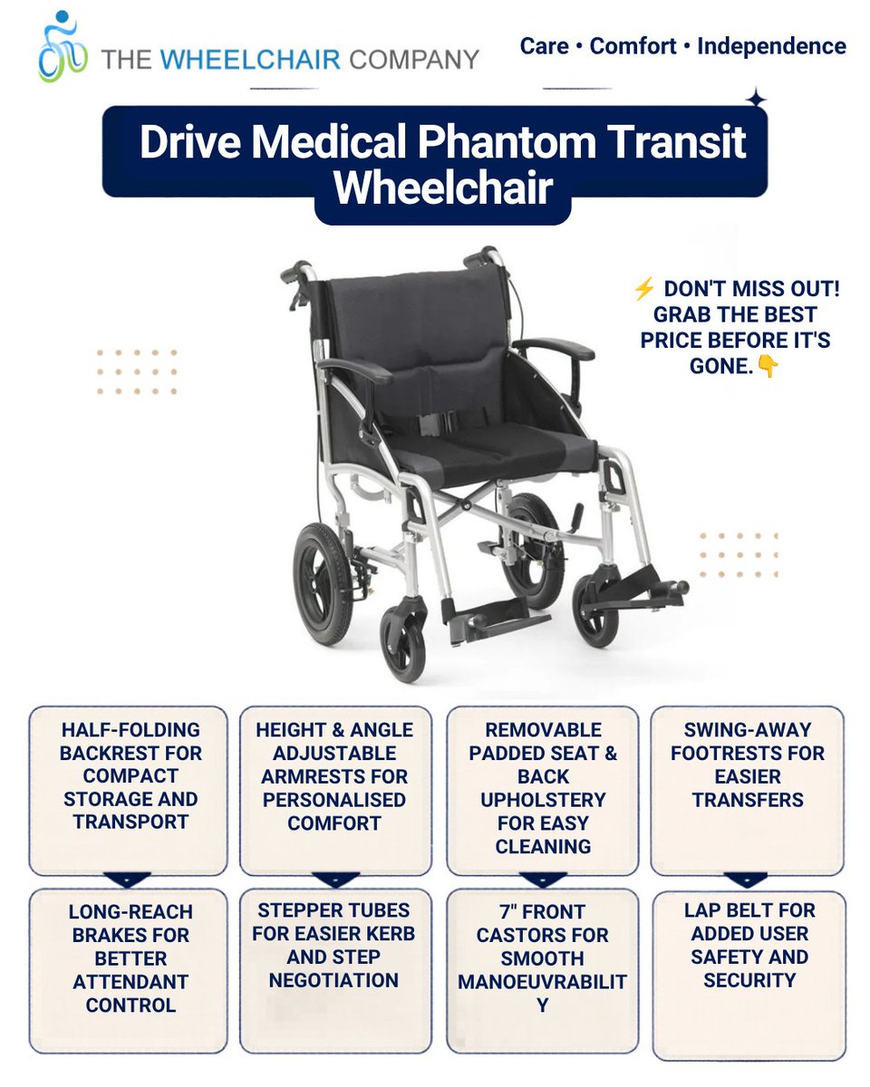 WheelchairCo's tweet photo. Removable washable upholstery. Push-button armrests. Long-reach brakes. 7" castors. 21 stone capacity.
The Drive Phantom Transit Wheelchair. Everyday care, made easier. From £239.99.
https://t.co/NGkeaPr7IO
#TransitWheelchair #MobilityAids https://t.co/YL14qwYEkI