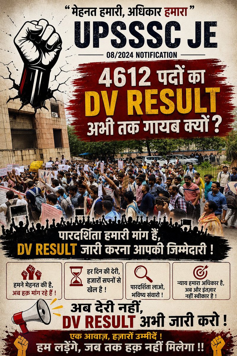 bkeducation20's tweet photo. UPSSSC JE 4612 के अभ्यर्थियों ने वर्षों की मेहनत की है।
अब भर्ती के अंतिम परिणाम का इंतजार है।
समय बीत रहा है, उम्र और अवसर दोनों निकल रहे हैं।
कृपया अभ्यर्थियों की चिंता को समझते हुए
DV Result जल्द जारी करें।
#UPSSSC_JE_DV_RESULT_4612
@myogiadityanath @myogioffice @UPGovt @UPCMO https://t.co/RsFXsGwqCM