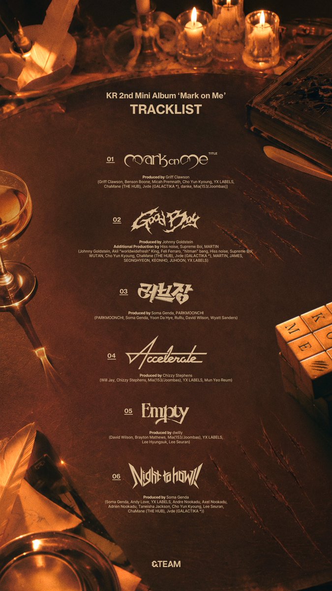 YX_LABELS's tweet photo. [&amp;TEAM] 
KR 2nd Mini Album 'Mark on Me' 
Tracklist

2026.09.08 18:00(KST)

https://t.co/2B9syxHHut

#MarkonMe
#andTEAM #앤팀 
#andTEAM_MarkonMe https://t.co/9WA2eOz9o0