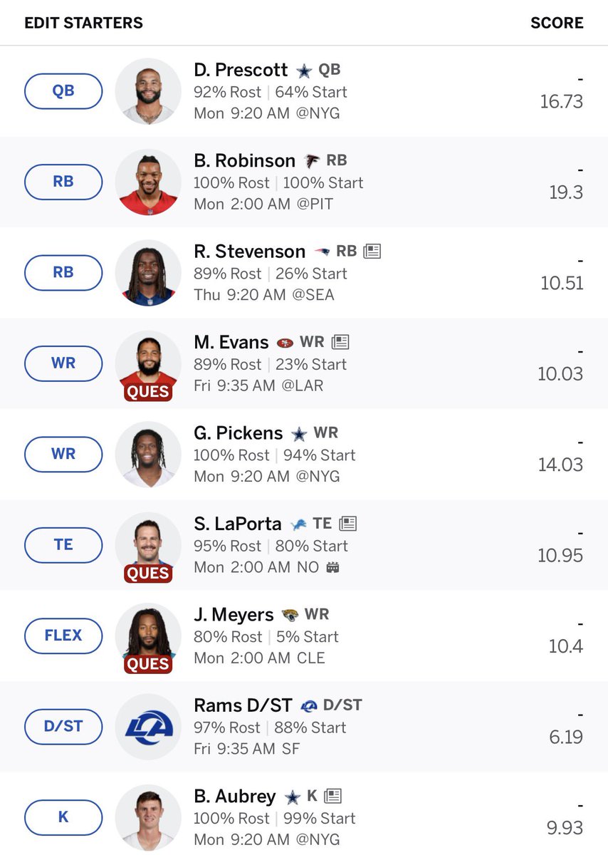 ZigzagHighway's tweet photo. NFLファンタジーフットボールの今季の布陣。RBロビンソン、QBプレスコット、Kオーブリーに拘ったことで、全体的に層が薄い。
おそらく、プレーオフには進出できない https://t.co/kwHzgBwxyG