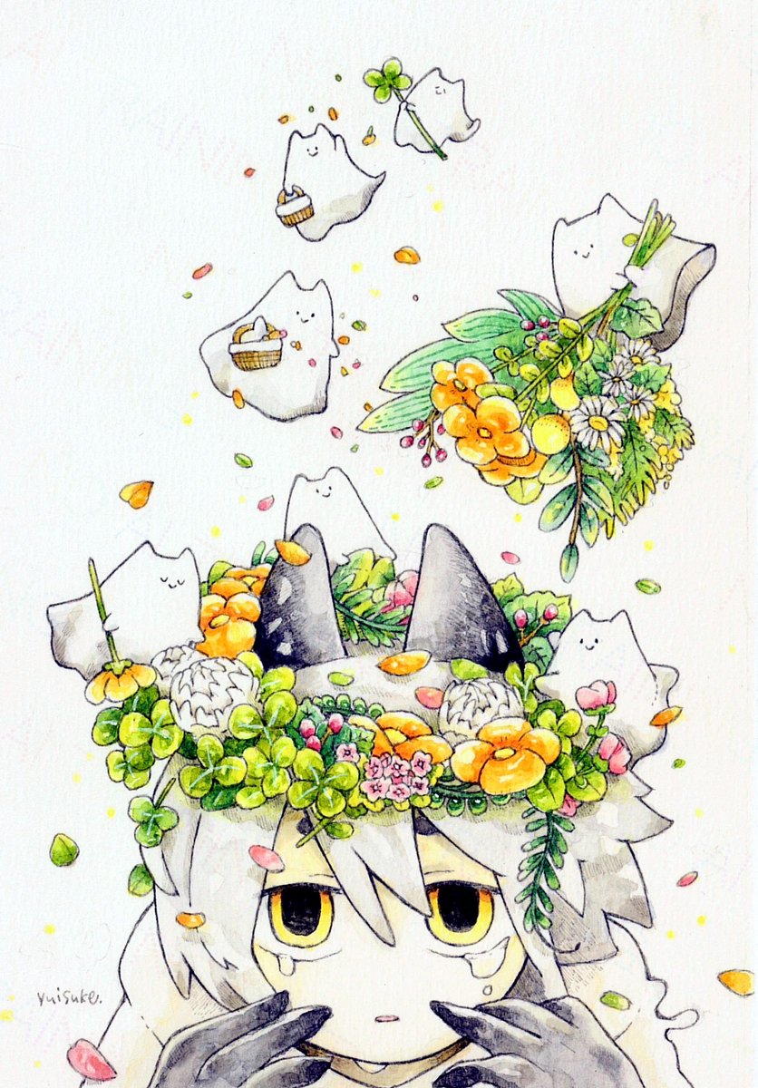 yuisuke1219's tweet photo. #artroomingMKT  #イラスト 
【淋しくなくなるおまじない】
なみだがでちゃうんだね
おはなをあげようね

⋆┈┈┈┈┈┈┈┈┈┈⋆
泣いている子をほっとけないゴーストチャンと、独りで泣いているところを見つかった淋しがり屋さん。
優しい緑の額で展示していただきます🌱𓈒𓂂◌ https://t.co/d5PYPHG1uT