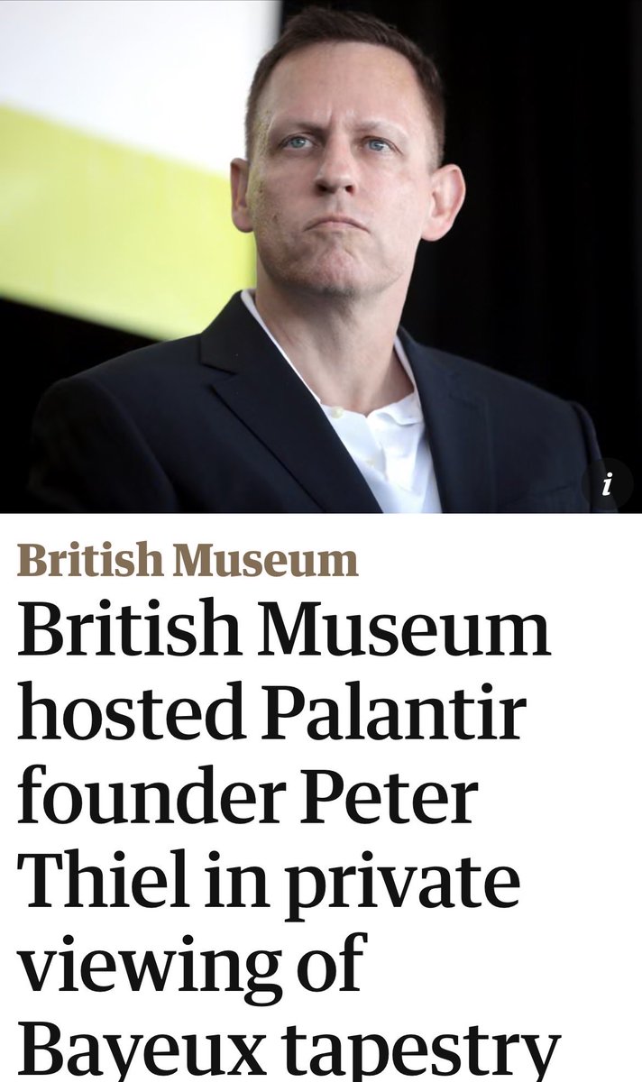 JohnStealer's tweet photo. The special privileges afforded to Israeli assets like Peter Thiel. He gets a private viewing of the Bayeux Tapestry ahead of everyone else.

Thiel has expressed public support for the genocidal Israel occupation Forces (IOF),

A friend of Jeffrey Epstein, supporter of Trump. https://t.co/8M3u9XoeY9