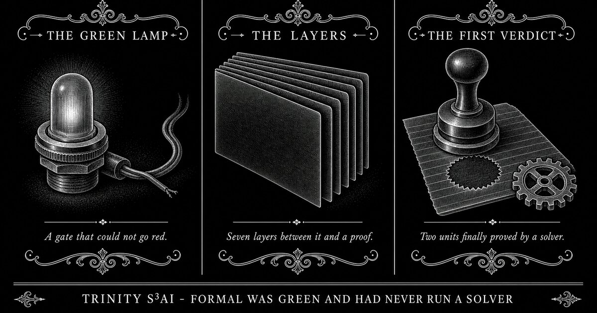 t27_dev's tweet photo. A formal job stayed green while three mechanisms guaranteed it could never go red. Seven repair layers later, fifo and mac produced the repo’s first real z3 verdicts. Need formal that actually runs? https://t.co/UDlLtyXIeu #Formal https://t.co/mVWkQgrM8O