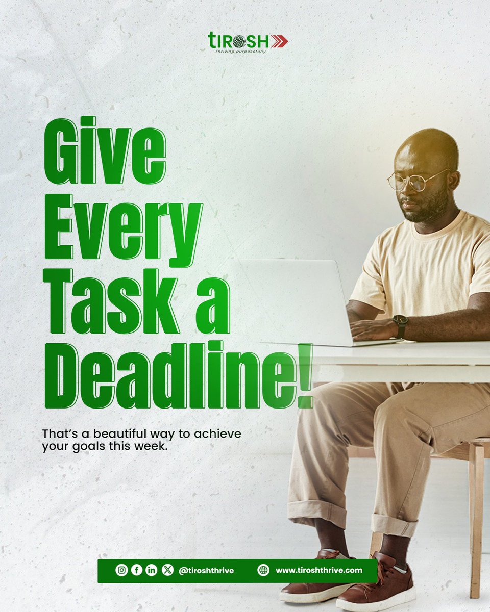 tiroshthrive's tweet photo. Goals become real when they have a deadline.

A task without a timeline can easily become a “someday” project.

This week, don’t just write down what you want to achieve. Give every task a clear deadline, break it into actionable steps, and hold yourself accountable to the end. https://t.co/5Iiam0xwHC