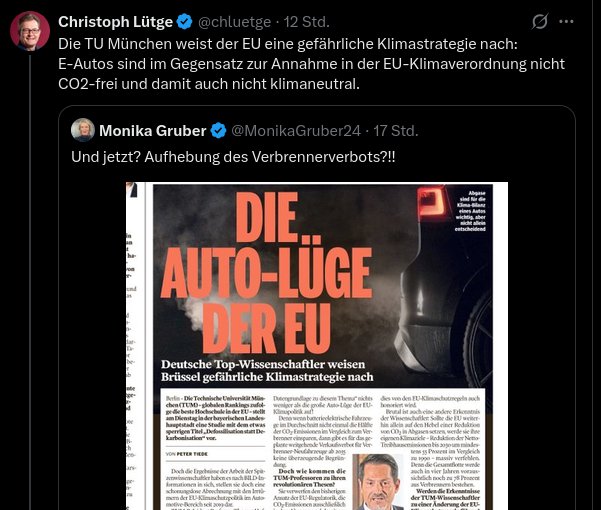 boris_beissner's tweet photo. Vom ungeprüften Whitepaper zur Kulturkampf-Vorlage in unter 24 Stunden.

Die TUM wollte Politik machen – geliefert hat sie ein verheerendes Kommunikationsdesaster. Aus einer Lifecycle-Analyse mit 41 % CO_2-Vorteil machen Boulevard, Promis und hausinterne Professoren eine angebliche „Auto-Lüge“ der EU.

Kein Peer-Review, null neuer Erkenntnisgewinn, aber maximaler Reputationsschaden für eine deutsche Exzellenzuni. 

So geht wissenschaftliche Selbstentwertung auf dem Rücken der Energiewende. Chaos in Bayern.
#Elektromobilitaet #Energiewende #TUM #Automotive #VerbrennerAus
#Bayern

https://t.co/jCzfvYI7ds