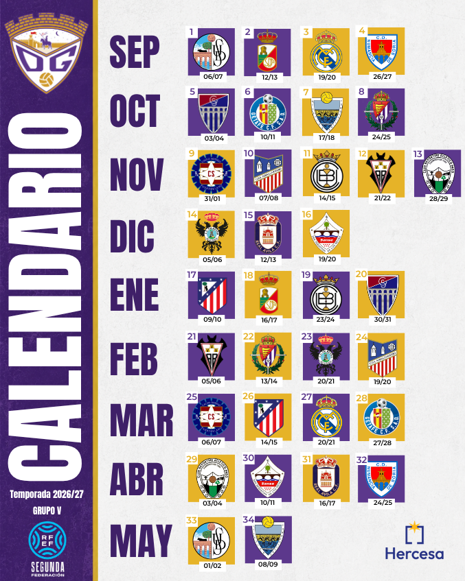 deporguada's tweet photo. 💾 | PARA GUARDAR

🤩 Este es el calendario definitivo del C.D. Guadalajara para la temporada 2026/27 en Segunda Federación – Grupo V.

Y si no te quieres perder nada… ¡ABÓNATE AL DÉPOR! 💜

#Aúpadépor🟣⚪️ https://t.co/H6CUBpBPnY