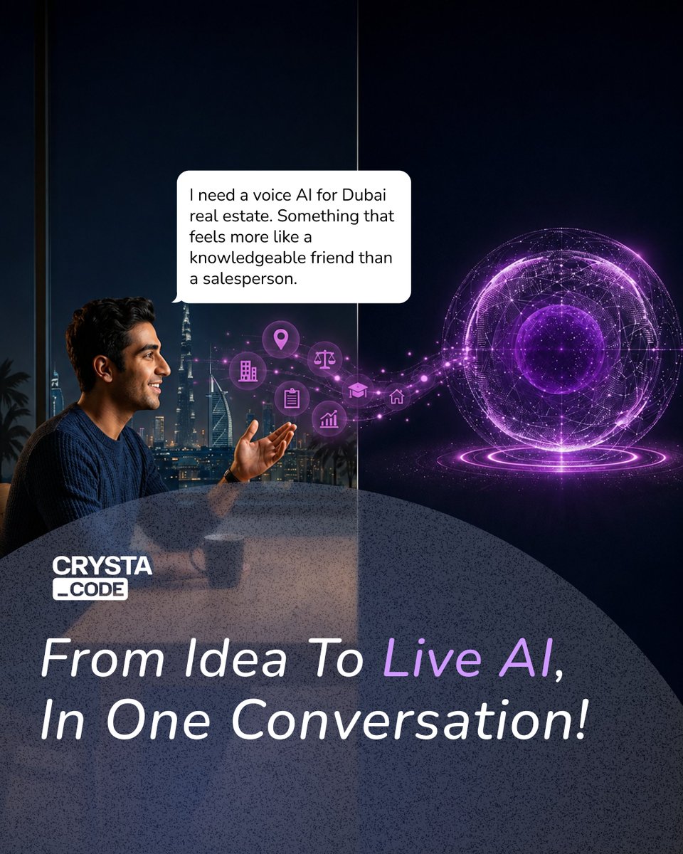 CrystaCode's tweet photo. @MelkRadar's brief: a voice AI to help people explore buying a home in Dubai, like a knowledgeable friend, not a sales agent. That's it.

Crysta built it. DubaiRadar went live, no dev tickets, no months of iteration.
Want one for your business? DM us.

#CrystaCode #AIBuilder #AI https://t.co/oFRiFsAvim