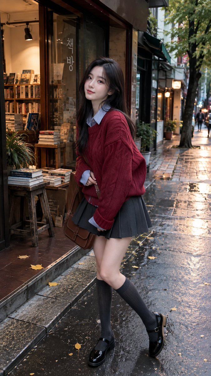 lnxio8023's tweet photo. Centered on a "Korean-style street snap + sweet-yet-edgy preppy vibe + 35mm film" aesthetic, and incorporating the evocative setting of a "street-corner bookstore at dusk after the rain," while retaining the authentic texture of natural street photography. https://t.co/GtUN9DAXaP