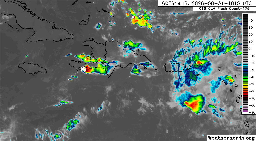 RudyMeteo's tweet photo. Ond twopikal ki asosye ak rès Dolly yo deja ap travèse Ispanyola epi li kontinye deplase nan direksyon lwès a 15–20 ne. Dapre dènye analiz NHC la, pa gen gwo aktivite konvektif sou lanmè a ki asosye dirèkteman ak aks ond la https://t.co/DYW596k6NL