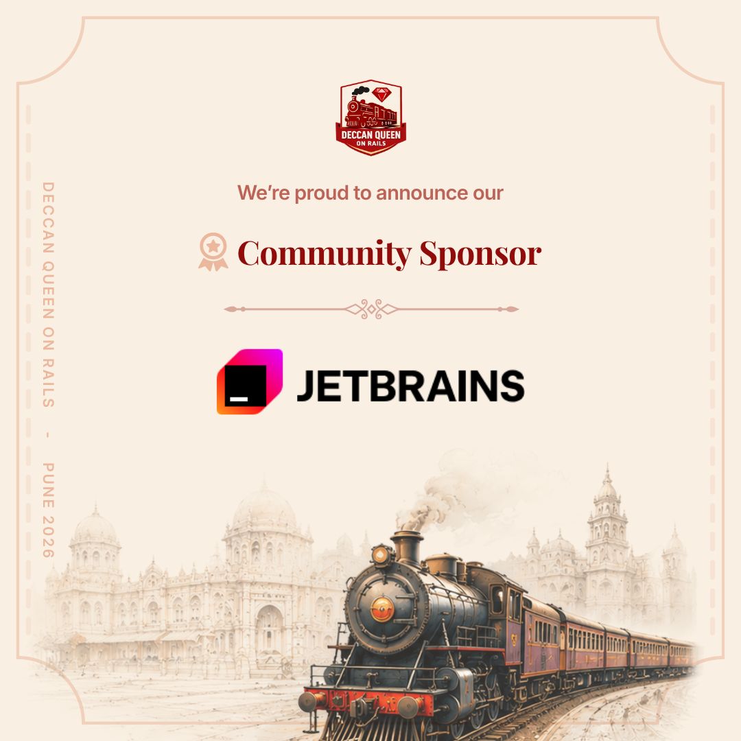 hideccanqueen's tweet photo. We're happy to have JetBrains as our Community Sponsor for Deccan Queen on Rails 2026! 🚂

Thank you for supporting the Rails community and helping us bring everyone together in Pune!

#DeccanQueenOnRails #DQOR2026 #RubyOnRails 
#RailsCommunity #RubyCommunity #JetBrains https://t.co/tQyUGEq58s