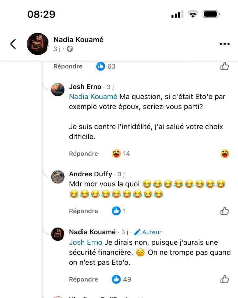 lemedia100filtr's tweet photo. 💬 Nadia Kouamé répond à un internaute qui lui demande si elle aurait divorcé si Samuel Eto’o avait été son époux… 👀

Alors qu’un internaute lui demande : « Si c’était Eto’o par exemple votre époux, seriez-vous partie ? », Nadia Kouamé répond avec franchise :

« Je dirais non, puisque j’aurais une sécurité financière. 😏 On ne trompe pas quand on n’est pas Eto’o. »

Une réponse qui ne manque pas de faire réagir les internautes. 🙄