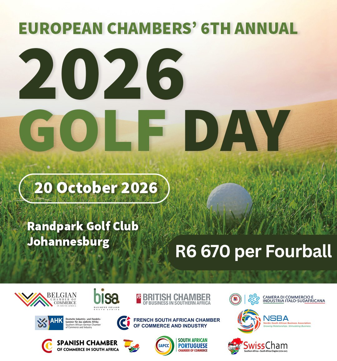 FSACCI's tweet photo. ⛳ Registrations close tomorrow!

Don’t miss your chance to join us for the 6th Annual European Chambers Golf Day, bringing together business leaders and members from across the European business community.

📅 Registration closes tomorrow, 1 September 2026.
Secure your place today: https://t.co/km9boNTMRD

#EuropeanChambers #GolfDay #BusinessNetworking #EuropeanBusiness #SouthAfricaBusiness #FSACCI