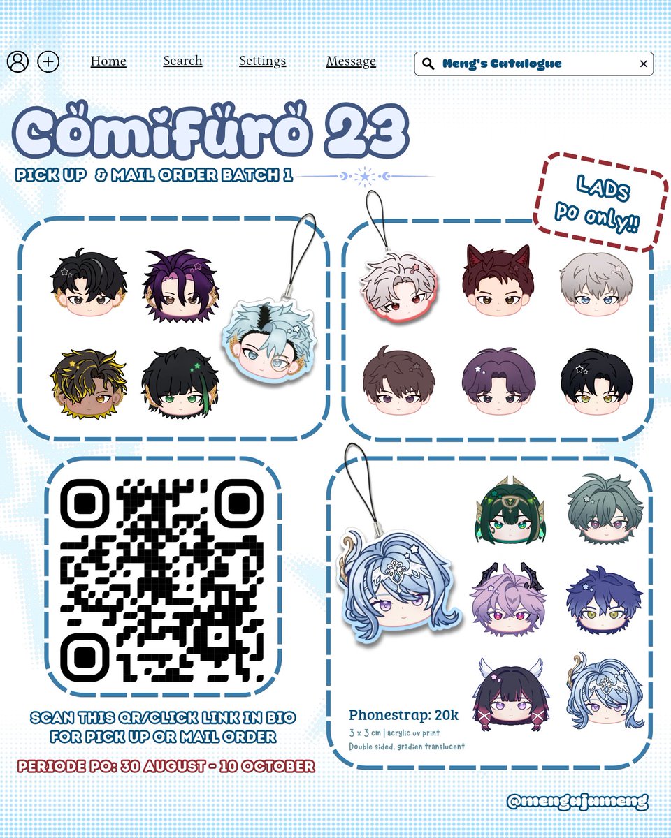 mengajameng's tweet photo. [🔁❤ very appreciated!!]
Meng's #CF23 Catalogue Pre-Order Batch 1

🗓 : 30 Aug - 10 Sept 2026
📌 : Both Days #cf23 (Booth TBA)
📩 : Pick Up &amp; Mail Order
✨ : Hsr, GI, LADS, Pandavva, SeFurDen, Plave, F1, JJK

Link PO: https://t.co/ZhR5yPx1Uj

#cf23catalogue #comifuro23 https://t.co/LQS9zN03oK