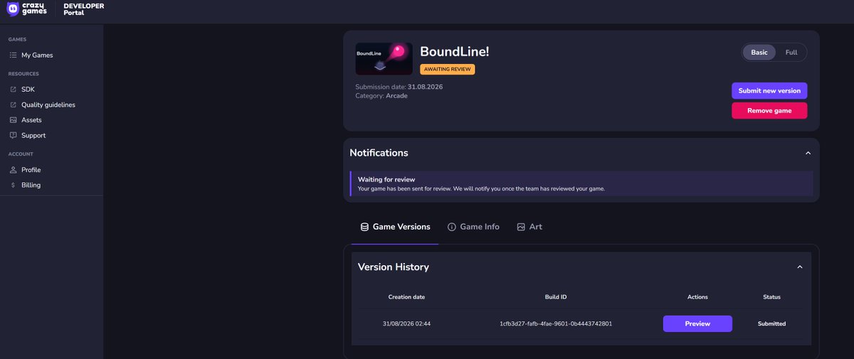 Digrogue's tweet photo. ゲームリリースに壁を感じてる開発者さまへ。
Crazy gameってゲームのポータルサイトに早速出品してみました。
今はレビュー受けてます。

月間6000万プレイヤーに、5分でリーチできるのって凄いですね！
HTMLを渡して、ちょっと説明を書くだけで一瞬でゲーム提出完了！

これで審査落ちたら笑いますね https://t.co/BCwucwgkao