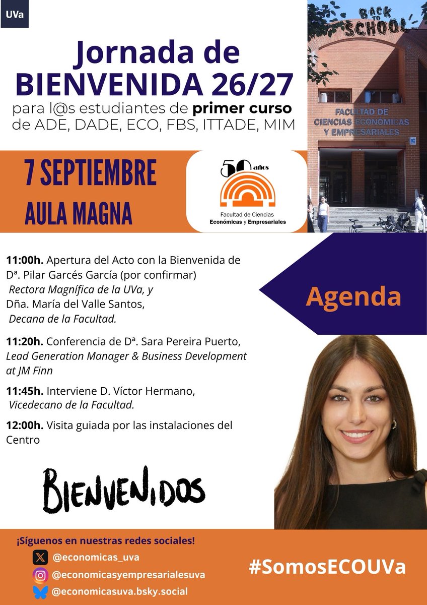 economicas_uva's tweet photo. 📢 ¡Cuenta atrás para el inicio del curso 2026/27!

En solo una semana comenzamos una nueva etapa llena de retos, aprendizaje y oportunidades.

👋 Lunes: jornada de bienvenida para nuestro alumnado de 1º. 

📚 Miércoles: inicio oficial de las clases.
#somosECOUVa https://t.co/DINI7QvVNB