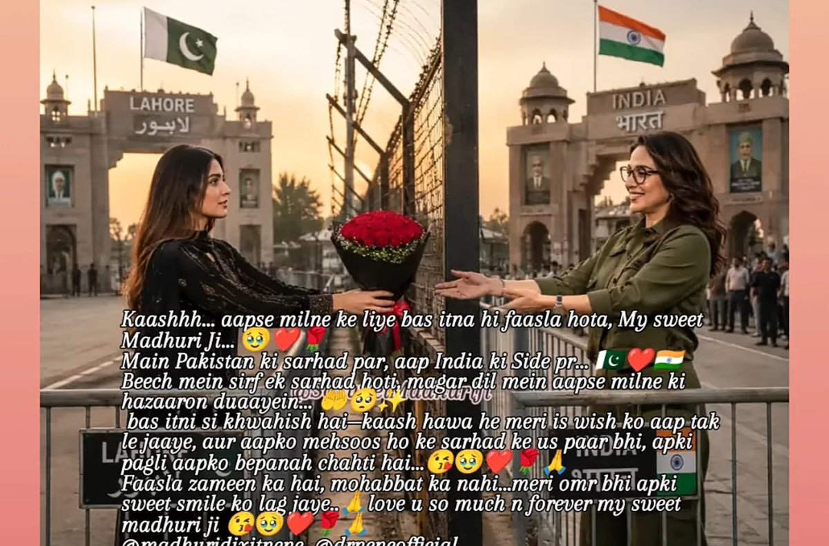 SoSweetMadhuriG's tweet photo. Kash… aapse milne ke liye bs itna hi faasla hota, My sweet Madhuri Ji🥹❤️🌹
Main Pakistan ki sarhad pr, aap India ki Side pr…🇵🇰❤️🇮🇳
Beech mein sirf ek sarhad hai.. 🫶🥹😘🌹🙏
@MadhuriDixit
#MadhuriDixit
 #FanLove #DilKiBaat #PakistanIndia #AcrossTheBorder  #LoveBeyondBorders https://t.co/iIuiw2G4V5