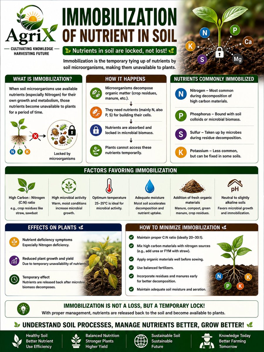 agrix2026's tweet photo. 🌱 NUTRIENT IMMOBILIZATION IN SOIL — WHEN NUTRIENTS GET TEMPORARILY LOCKED! 🧪

Did you know that soil microorganisms can temporarily tie up nutrients, making them unavailable to plants? This process is called nutrient immobilization and commonly occurs when microbes decompose fresh, carbon-rich organic residues. 🌾

🔬 HOW DOES IT HAPPEN?

🌿 Fresh crop residues with a high C:N ratio provide abundant carbon.
🦠 Microorganisms use available nutrients—especially nitrogen (N)—for their growth.
🔒 These nutrients become incorporated into microbial biomass.
🌱 Plants may temporarily experience nutrient deficiency.
♻️ As microbial biomass decomposes, nutrients are gradually released back into the soil.

🧪 NUTRIENTS COMMONLY INVOLVED

🔹 Nitrogen (N) — most commonly immobilized
🔹 Phosphorus (P) — can be temporarily retained in microbial biomass
🔹 Sulfur (S) — may also be immobilized during residue decomposition

⚠️ WHAT INCREASES IMMOBILIZATION?

🌾 High-carbon residues such as straw
🦠 High microbial activity
💧 Adequate soil moisture
🌡️ Favorable temperatures
♻️ Addition of fresh organic materials

👨‍🌾 HOW CAN FARMERS MANAGE IT?

✅ Maintain a balanced C:N ratio
✅ Combine high-carbon residues with suitable nitrogen sources
✅ Incorporate residues in advance of peak crop nutrient demand
✅ Use balanced fertilization based on crop and soil requirements
✅ Maintain appropriate soil moisture and aeration

💡 Remember: Nutrient immobilization is generally a temporary process, not permanent nutrient loss.

🌱 UNDERSTAND SOIL PROCESSES → MANAGE NUTRIENTS BETTER → GROW BETTER!

#NutrientImmobilization #SoilScience #SoilHealth #SoilFertility #NitrogenManagement #NutrientManagement #Agronomy #CropNutrition #OrganicMatter #SoilMicrobes #SustainableAgriculture #FarmerEducation #SmartFarming #Agriculture #AgriX