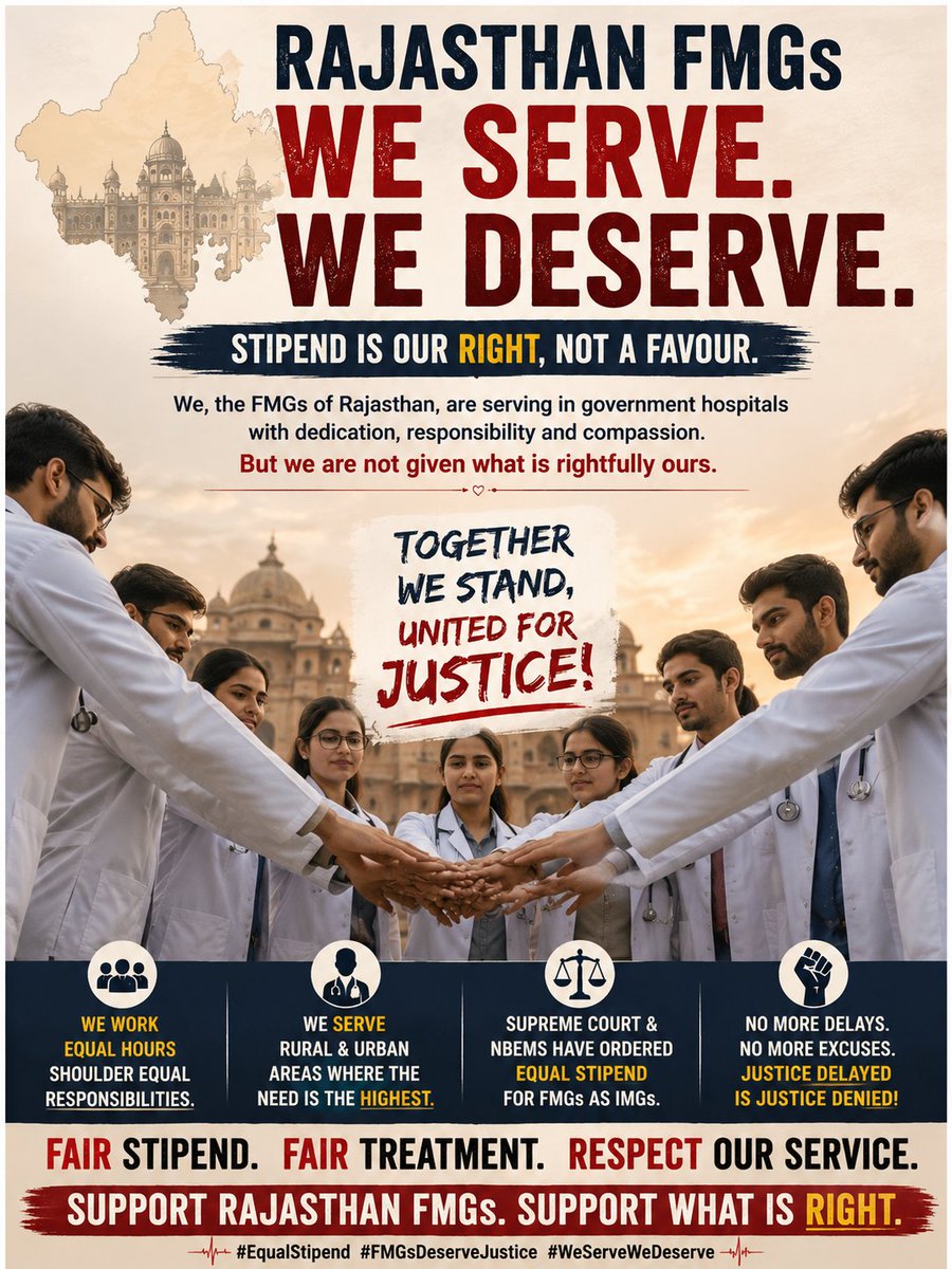 AbhishuG's tweet photo. We serve as doctors - we deserve equal stipend, equal respect
No stipend, no silence. Our right cannot be denied.
Please help us🙏🏼
#RajFMG0stipend #fmgnotfreelabour #zerostipend
@BhajanlalBjp @KumariDiya @ombirlakota @gajendrakhimsar https://t.co/hctEbDY1T8