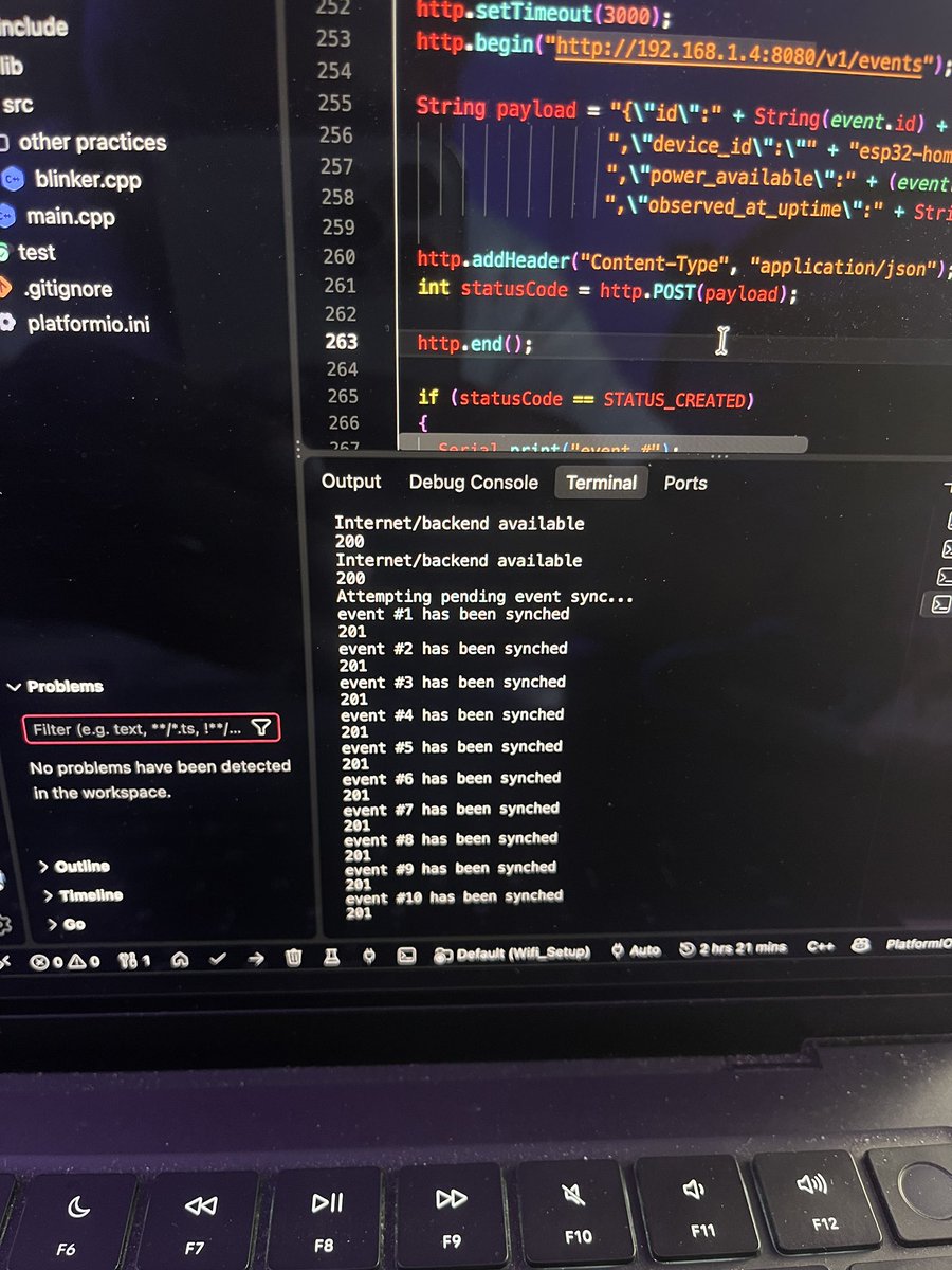 dannyclassi_c's tweet photo. BIG milestone on my ESP32 project today.
A few weeks ago I barely knew embedded systems. Started with blinking an LED.

Now:
ESP32 → persistent event queue → WiFi → Go API → PostgreSQL
10 events survived device restarts, connected to my backend, synced in order, got 201s and were removed from the local queue.

Not without pain though 😭
localhost from an ESP32 is, unsurprisingly, not my Mac.

Then I fixed networking and broke the JSON payload.
Fixed that too.

Eventually:
All pending events synced
We are cooking 🔥
Recorded the whole thing for YouTube too. 
Which I dropped yesterday.