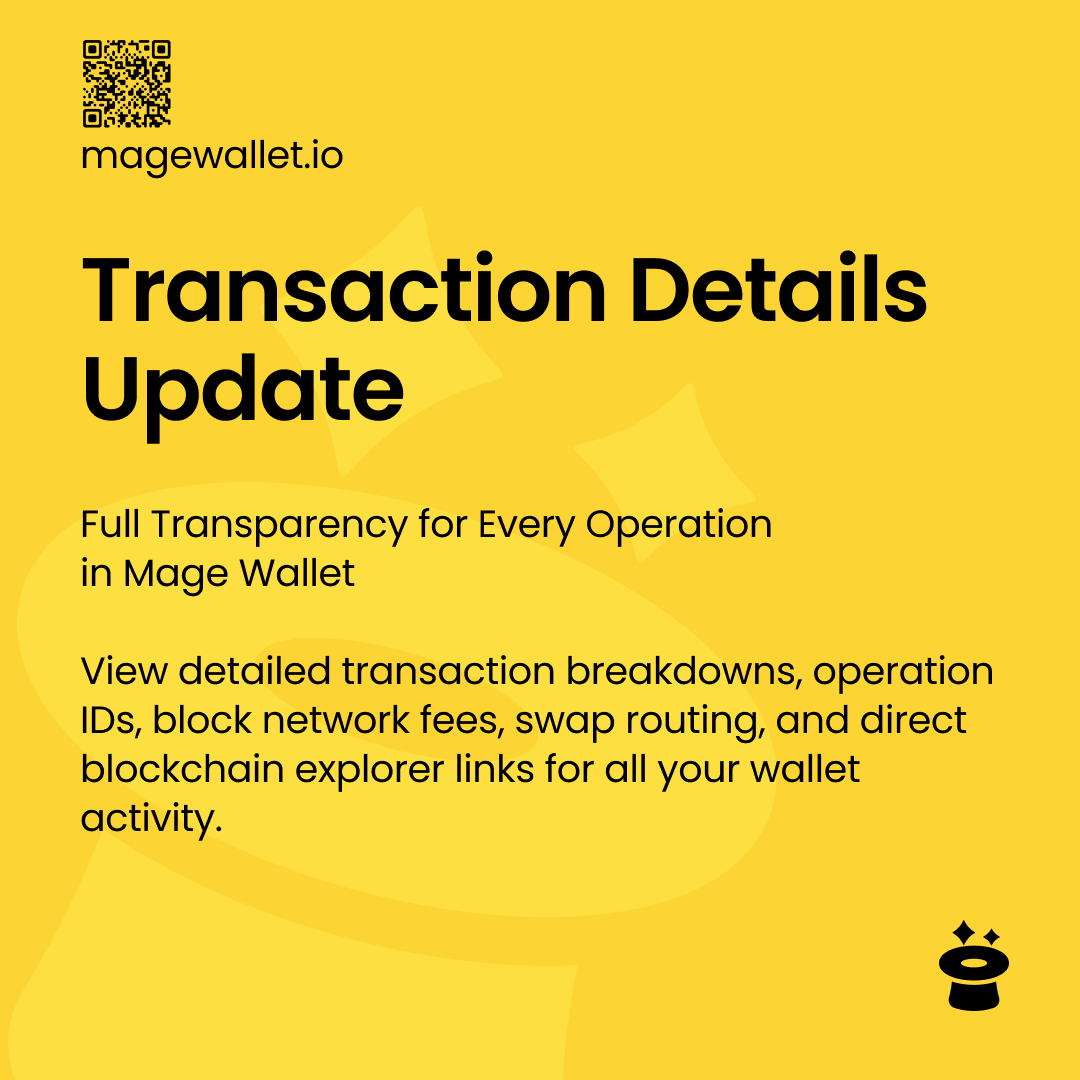 Mage_Wallet's tweet photo. Transaction tracking in Mage Wallet just got more precise.

Get full visibility into your activity:
▪️ Complete network fee breakdown
▪️ One-click Explorer access (TxHash)
▪️ Sender &amp; Recipient verification
▪️ Real-time status updates

🌐 https://t.co/veUt0onEuj 

#MageWallet https://t.co/w5Vf74n22J