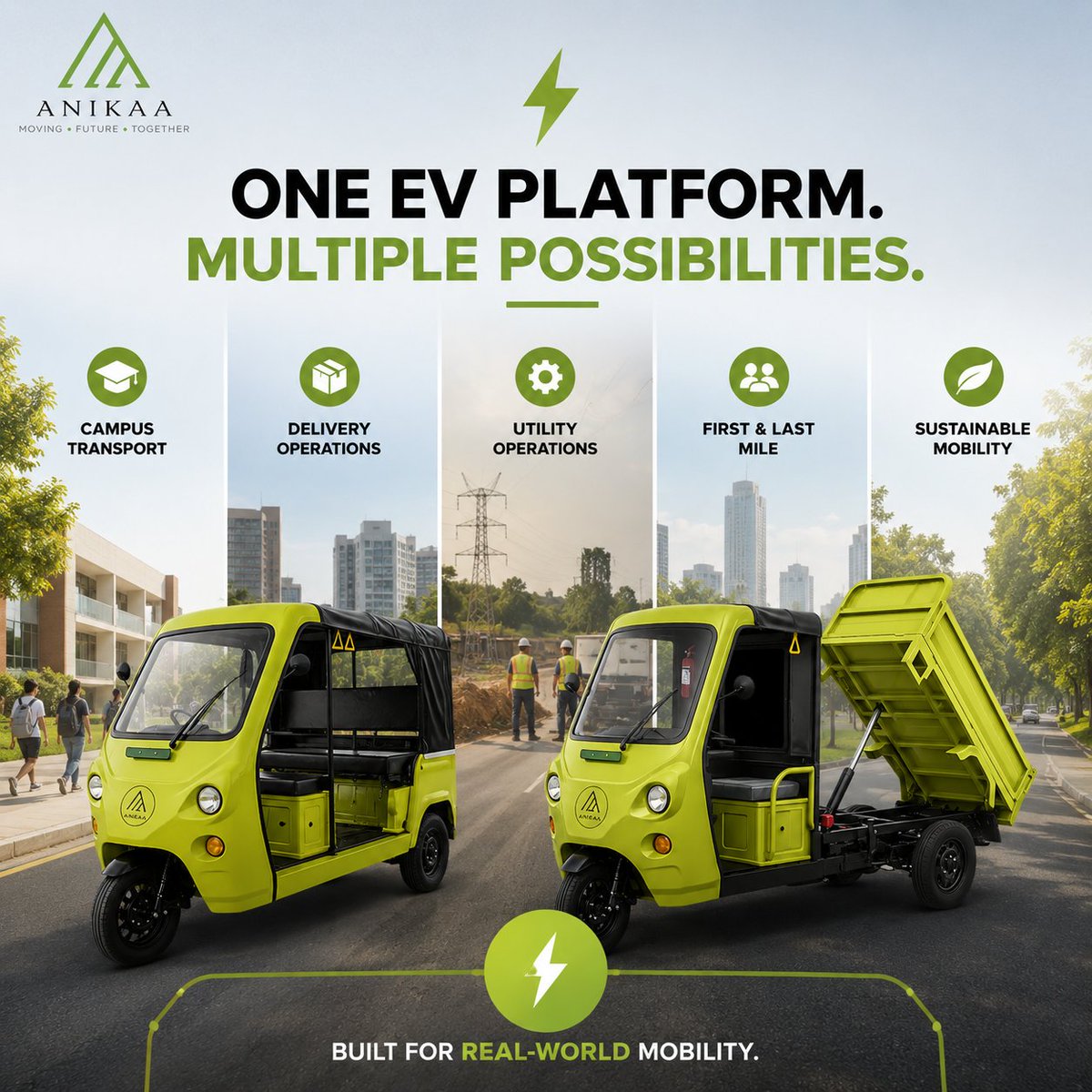 anikaaev's tweet photo. One EV platform. Multiple possibilities. From campus transportation to utility operations, Anikaa’s customizable EV solutions are designed for real-world operational mobility. #SmartMobility #ElectricVehicles #FutureOfMobility https://t.co/u7W65cIRCt