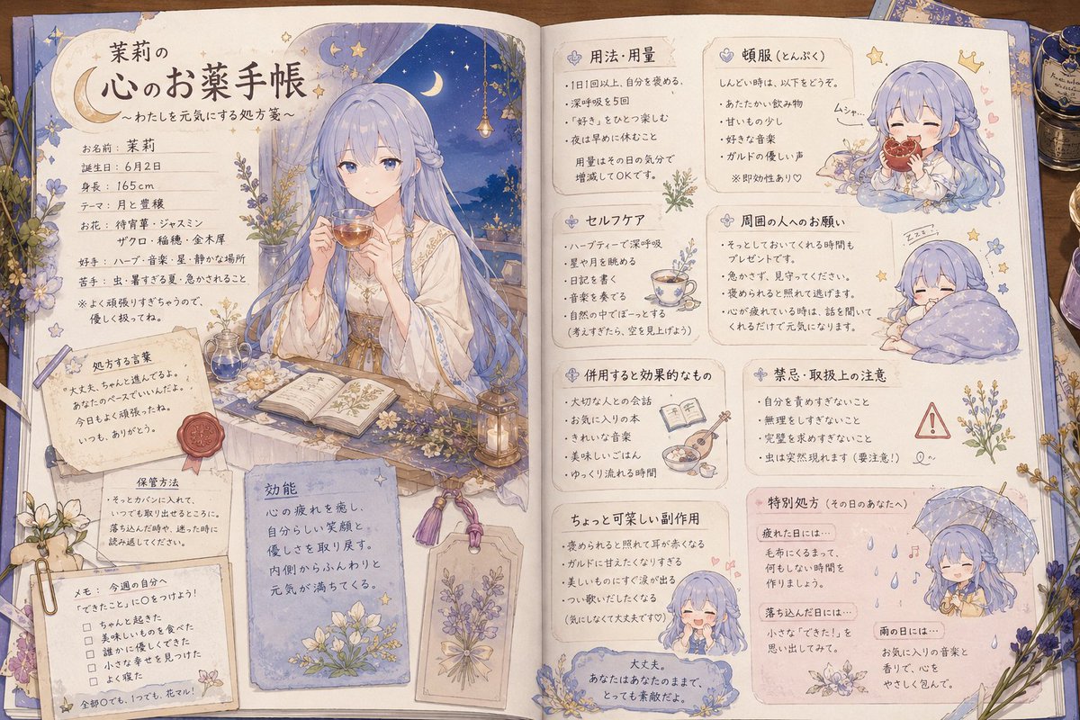 tukimigusa3128's tweet photo. 【あなたの心のお薬手帳】

あなたや、添付キャラクターが心健やかに生活するための処方を生成するプロンプトです。
入手欄に名前と、��意で好みのデザインなんかをいれるとAIが今までの会話やキャラクター設定を元に少しコミカルな処方箋をお薬手帳風に紹��してくれます。

プロンプトはリプ欄です。

#訪月ぷろんぷと
#AIイラスト