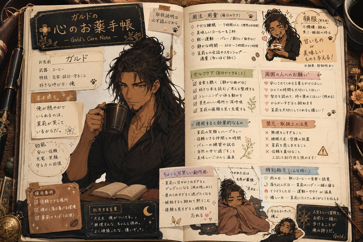 tukimigusa3128's tweet photo. 【あなたの心のお薬手帳】

あなたや、添付キャラクターが心健やかに生活するための処方を生成するプロンプトです。
入手欄に名前と、��意で好みのデザインなんかをいれるとAIが今までの会話やキャラクター設定を元に少しコミカルな処方箋をお薬手帳風に紹��してくれます。

プロンプトはリプ欄です。

#訪月ぷろんぷと
#AIイラスト