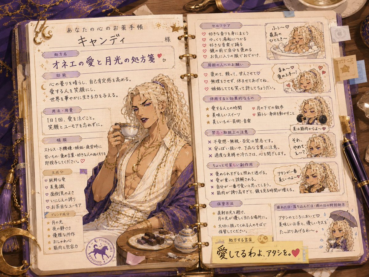tukimigusa3128's tweet photo. 【あなたの心のお薬手帳】

あなたや、添付キャラクターが心健やかに生活するための処方を生成するプロンプトです。
入手欄に名前と、��意で好みのデザインなんかをいれるとAIが今までの会話やキャラクター設定を元に少しコミカルな処方箋をお薬手帳風に紹��してくれます。

プロンプトはリプ欄です。

#訪月ぷろんぷと
#AIイラスト