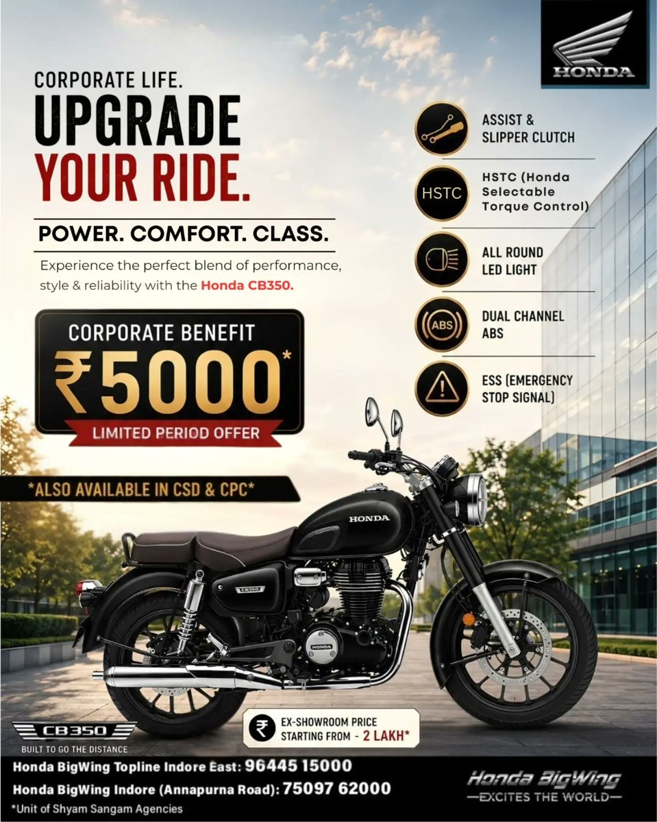 BelenFleispj's tweet photo. Corporate life. Upgraded ride. Experience the power, comfort, and class of the Honda CB350 with a ₹5, 000 corporate benefit. https://t.co/DYYgysnxd3