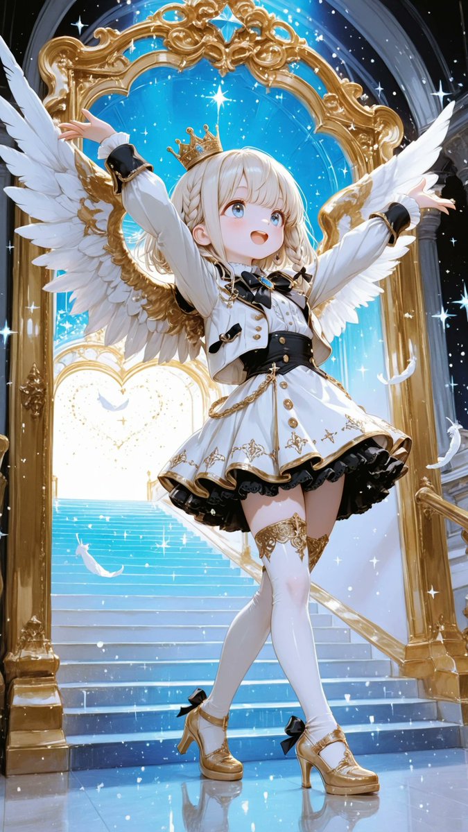 AliceLavli's tweet photo. 天使のミリタリー風アイドルコスチュームの衣装プロンプトをどうぞ👼
angelic military idol mini dress, fitted ivory-white long-sleeved jacket bodice joined to a short flared skirt, structured shirt collar, black satin bow with a pearl brooch in an antique-gold frame, pearl-white front buttons, gold piping and filigree embroidery along the seams and cuffs, softly puffed sleeves with fitted cuffs, wide black waist belt with an ornate gold clasp and delicate gold chains, pointed white peplum panels, short flared skirt fading from pearl white through silver gray to charcoal gray, tiny gold stars and an ornate gold border near the hem, narrow black hem ruffle, layered white feathers hanging from both hips, one pair of large white feather wings attached high on the back, white thigh-high stockings with gold emblems, ivory Mary Jane heels with gold straps, strict color placement: ivory white, silver gray, charcoal gray, solid black and antique gold only