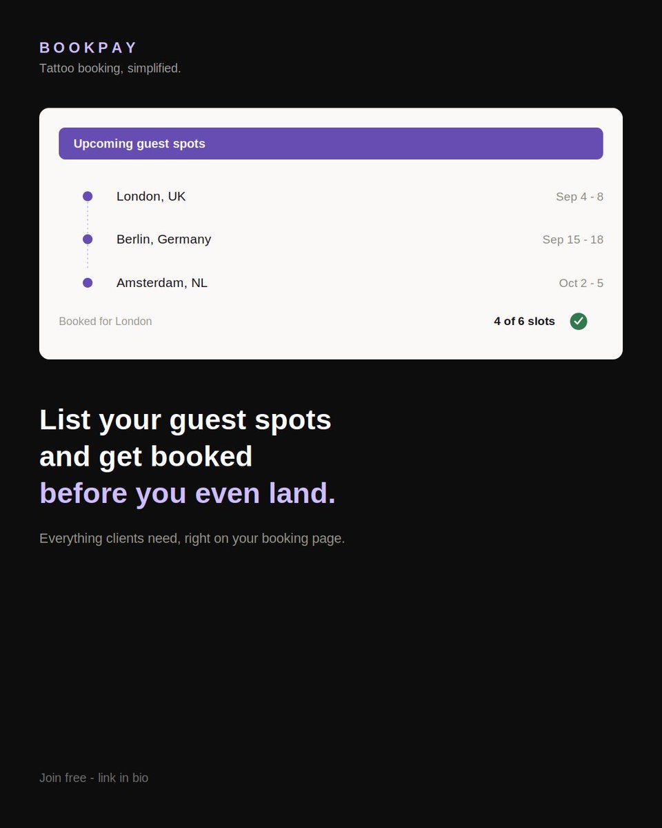 inkjinapp's tweet photo. Guesting somewhere soon? Put it on your page, not just a caption that disappears in three weeks

Add your guest spot with a location and date range, and it shows up right on your page, always current, always there. Clients can pay a deposit and reserve a spot. Same deposits and policies you already have set.

Perfect for a Story, a pinned bio link, or dropping in DMs when someone asks about your dates.

https://t.co/Xxzzfci2tw

#inkjin #bookpay #TattooArtist #GuestSpot #TattooBooking #TattooBusiness #TattooStudio