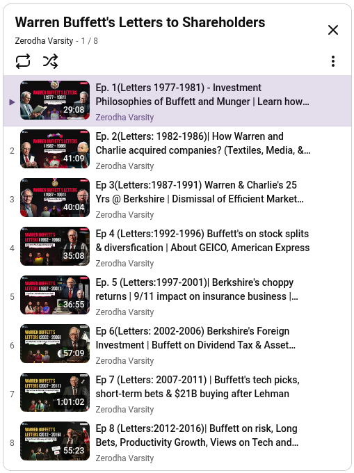 ZerodhaVarsity's tweet photo. Warren Buffett turned 96 on August 30.

This year is a little different. After decades of running Berkshire Hathaway, Buffett handed over the CEO role to Greg Abel earlier this year.

A couple of years ago, we spent nearly 8 months going through 47 of Buffett’s shareholder letters and turned them into a 10-part Varsity series.

The interesting part about these letters isn’t just Buffett’s stock picks. They show how his thinking evolved over the years — on buying businesses, valuing companies, dealing with market crashes, capital allocation, management, mistakes, temperament, and of course, the influence of Charlie Munger.

Now, with Berkshire entering a new era, it felt like a good time to bring this series back.

If you want to understand Buffett beyond the famous quotes, this is a good place to start. Check the link in the comments.