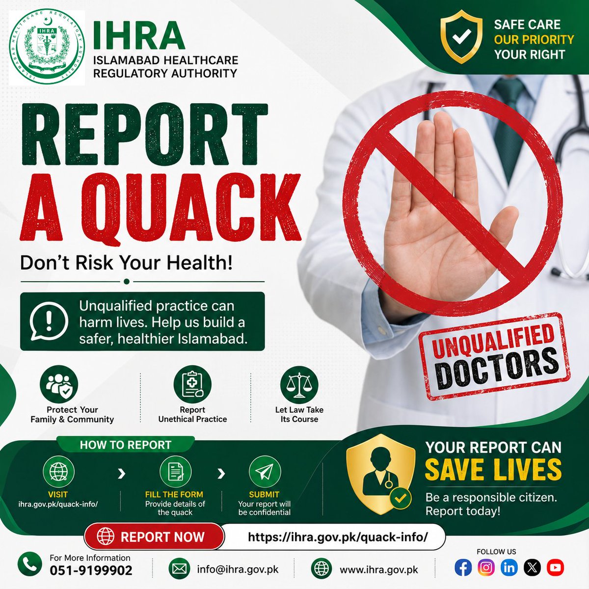 ihra_pk's tweet photo. 🛡️ Your report can help protect patients and promote safe healthcare.
📢 REPORT NOW
https://t.co/OfJgqc1uT8
Don’t ignore unsafe practice. Speak up. Report a Quack.
#ReportAQuack #IHRA #SafeHealthcare #PatientSafety #HealthcareRegulation #Islamabad #PublicHealth #ProtectYourHealth https://t.co/iSzd0M1Zc0