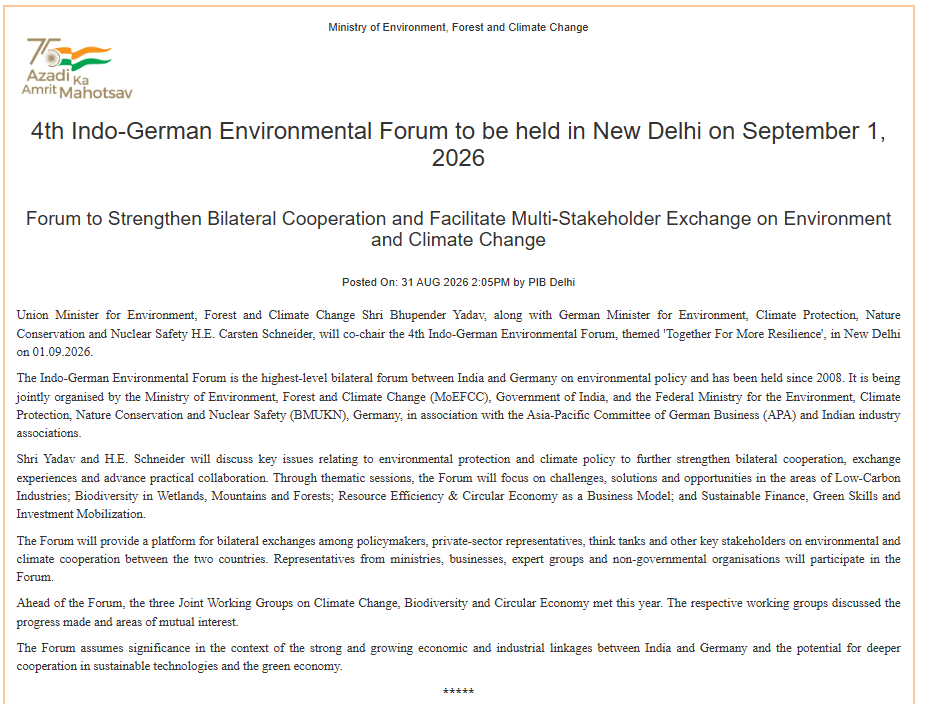 airnewsalerts's tweet photo. The 4th Indo-German Environmental Forum will be held in New Delhi tomorrow to strengthen bilateral cooperation and facilitate multi-stakeholder exchange on environment and climate change. 

▪️Union Minister for Environment, Forest and Climate Change, Bhupender Yadav, along with German Minister for Environment, Climate Protection, Nature Conservation and Nuclear Safety, Carsten Schneider, will co-chair the forum.

#IndoGermanEnvironmentalForum @moefcc