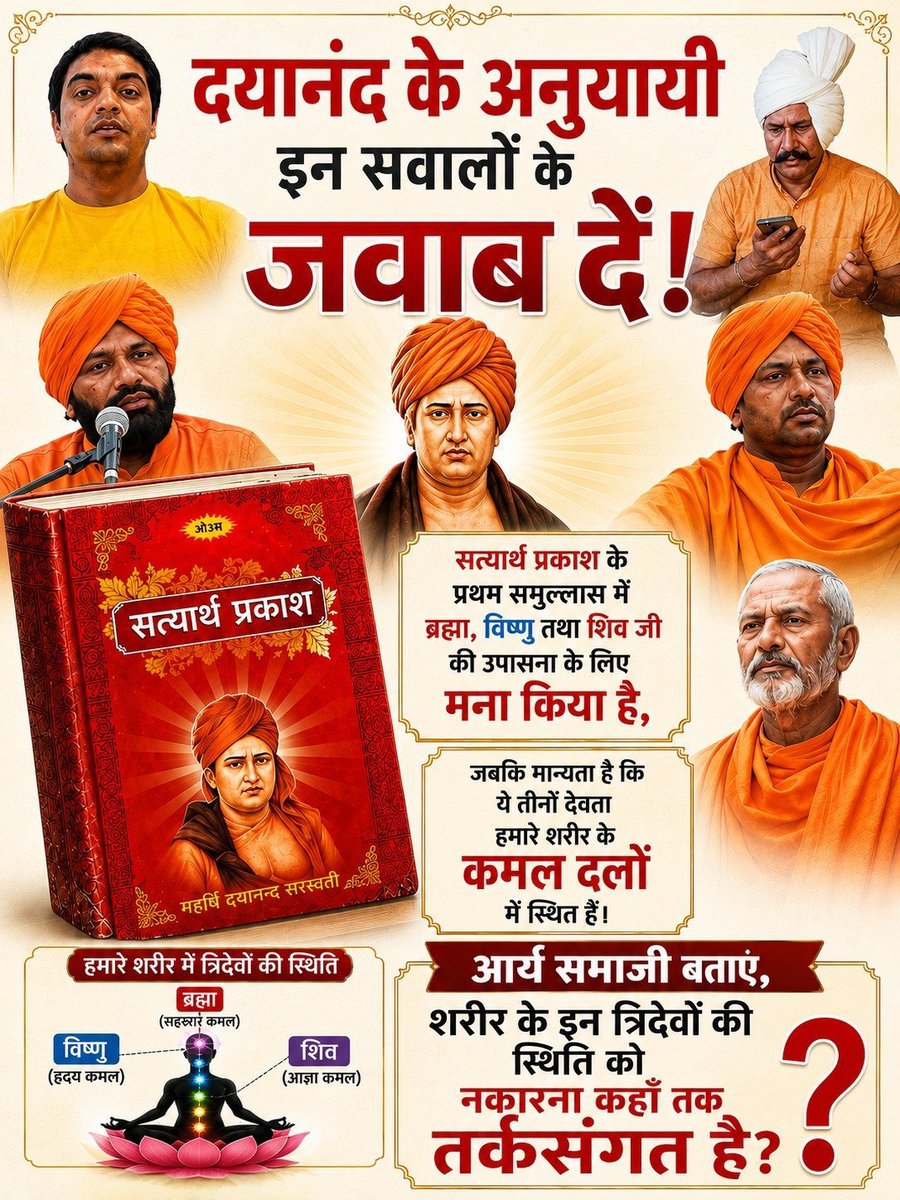 SuratDas11's tweet photo. सत्यार्थ प्रकाश के प्रथम समुल्लास में ब्रह्मा, विष्णु तथा शिव जी की उपासना के लिए मना किया है
जबकि मान्यता है कि ये तीनों देवता हमारे शरीर के कमल दलों में स्थित हैं
आर्य समाजी बताएं, शरीर के इन त्रिदेवों की स्थिति को नकारना कहाँ तक तर्कसंगत है? https://t.co/QhajpIHJFE