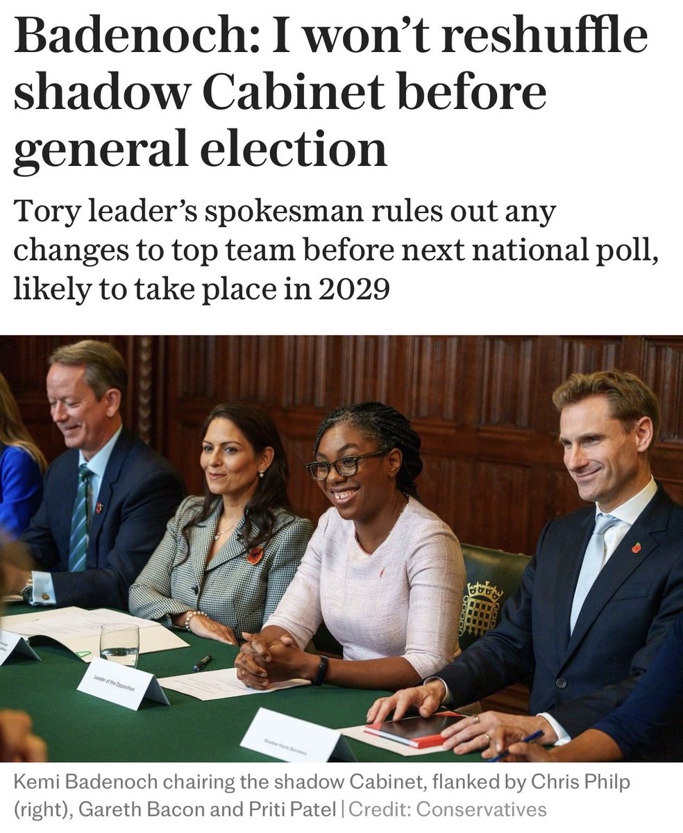 ZiaYusufUK's tweet photo. Just last year Kemi Badenoch declared she would not reshuffle her shadow cabinet.

Have you noticed no ‘journalist’ has pointed this out?

Made up tall stories about Meloni.

Made up a Stanford internship offer.

Kemi has already proven herself to be a con artist. https://t.co/LrUj8ojLZB