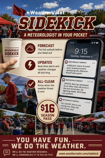 WeatherValet's tweet photo. Saturday in Bloomington. Focus on your day, not your weather app!

A real Meteorologist is on call all day. Live text messages with weather info.

WeatherValet Sidekick: $5 for the day, $16 for the season.
https://t.co/6b12rtT2Sp

Not affiliated with any school or venue. https://t.co/SR0JQIqCQu
