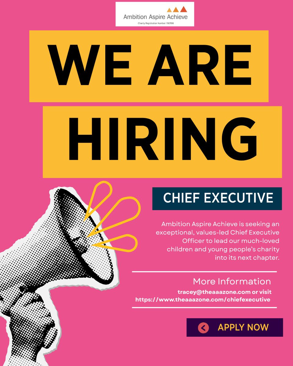 theaaazone's tweet photo. 📢 We’re recruiting: Chief Executive Officer

Ambition Aspire Achieve is looking for an exceptional, values-led Chief Executive Officer to lead our Newham-based children and young people’s charity into its next chapter.

This is an exciting opportunity to lead a much-loved local charity, supporting our dedicated team and helping ensure AAA remains strong, sustainable and ambitious for the children, young people and families we serve.

📍 Newham, East London
💷 £60,000–£65,000 per annum
⏰ Full time – 37.5 hours per week
📄 Permanent
📅 Closing date: Wednesday 9 September 2026 at 5pm

We’re looking for someone who shares our values of being Committed, Caring, Collaborative and Creative, with the leadership, relationship-building and income-generation skills to help take AAA forward.

You may already be a Chief Executive, or you may be an experienced senior leader ready to take the next step.

🔗 Find out more, download the full candidate pack and apply through our website – link in bio.

Please share with anyone in your networks who could be the right person to lead AAA into its next chapter. 💛

#CharityJobs #ChiefExecutive #Newham #EastLondon #YouthWork #ChildrenAndYoungPeople #AmbitionAspireAchieve