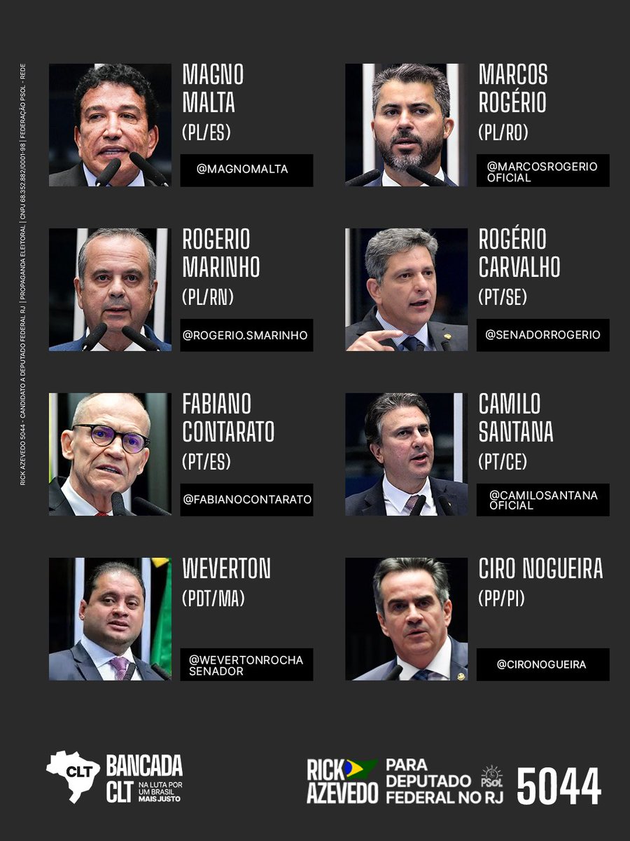 rickazzevedo's tweet photo. 🚨OLHO VIVO NELES! Esses são os senadores que compõem a CCJ e vão votar o fim da escala 6x1 na próxima quarta (2). Precisamos de maioria simples para aprovar a constitucionalidade da PEC. Cobrem muito lembrando que eles são seus funcionários. Estamos muito perto! https://t.co/Kn7c08FbQZ