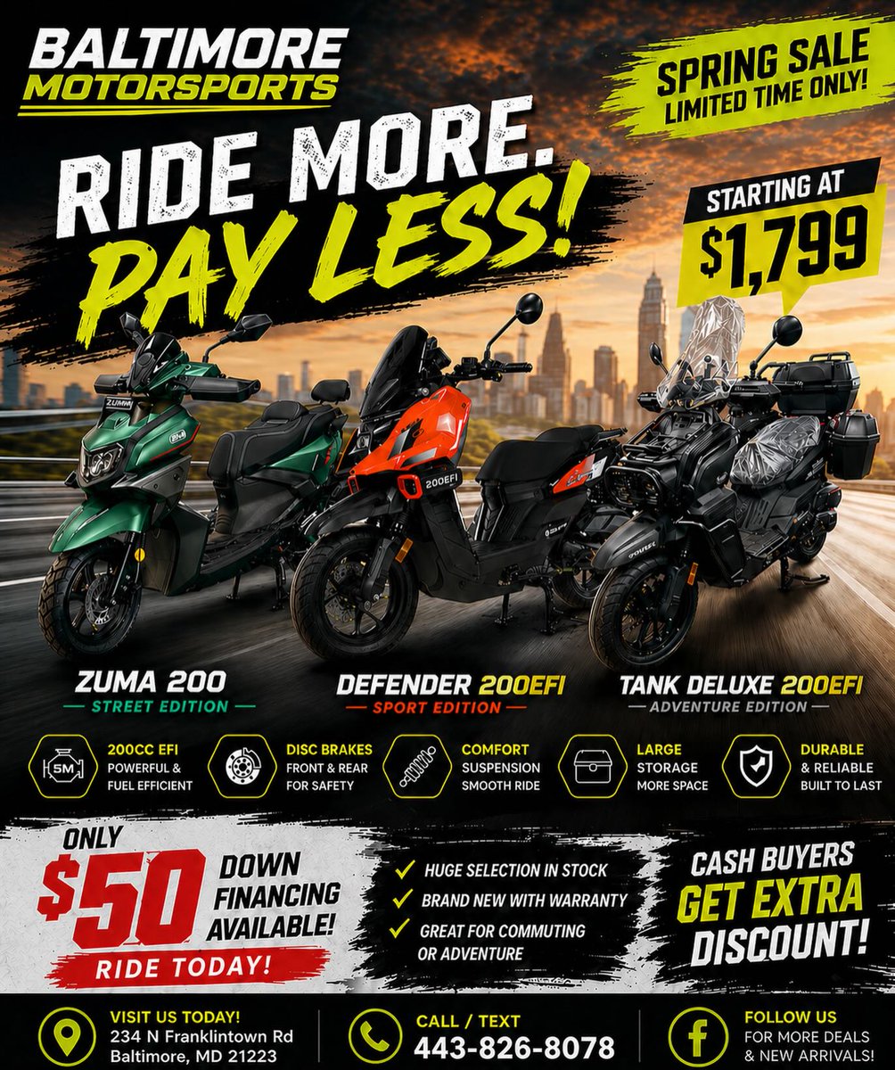 MercedesGaip's tweet photo. Spring sale is here. Ride more and pay less with our 200cc scooter lineup: Zuma 200, Defender 200EFI, and Tank Deluxe 200EFI. Starting at just $1, 799, with $50-down financing and extra discounts for cash buyers. Visit us today. https://t.co/XZza2KI5e4