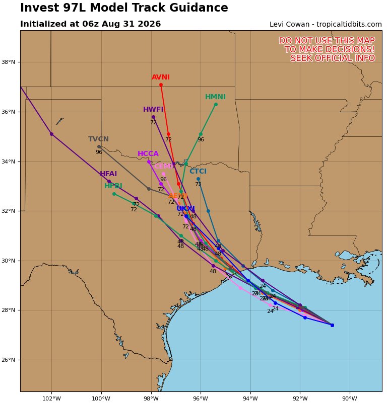 FloridaTropics1's tweet photo. Here are the 6z spaghetti models for Invest 97L. The track has shifted south to be very near Houston. This also allows for additional time over water, which is never good in the Gulf. https://t.co/ezHAcsguGl