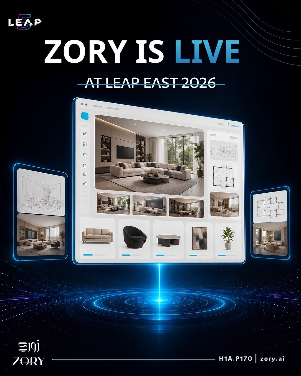 Zory_ai's tweet photo. Zory is live at LEAP EAST 2026 🚀
See AI-powered design, space planning, and product discovery come together in one connected experience.
📍H1A.P170
🗓️ 31 Aug - 3 Sep | Riyadh
#ZORYAI #leap26 #live_now https://t.co/FXxMOJgmOA