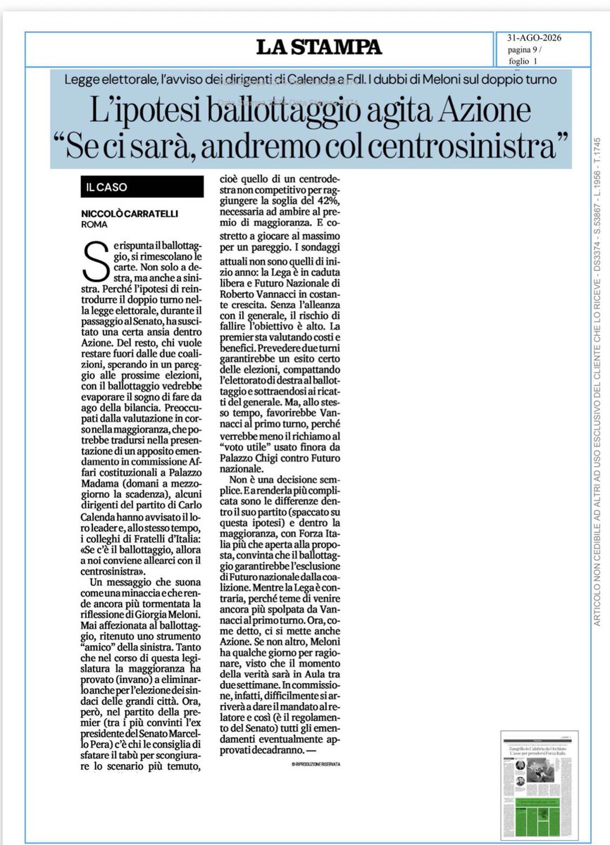 marattin's tweet photo. Farei volentieri a meno di queste precisazioni. Creano sempre polemiche e chiacchiericcio inutile. E poi, come spero abbiamo dimostrato, noi preferiamo concentrarci sui temi.

Ma visto che - nei giorni pari - si cita sempre il @Partito_Libdem insieme ad @Azione_it per costruire una nuova offerta politica (e questo crea aspettative presso i nostri stessi iscritti) sono costretto poi a replicare anche quando - nei giorni dispari - si dice o si fa filtrare altro.

Il Partito Liberaldemocratico non andrà a sinistra.

Né se ci sarà il ballottaggio, né se ci sarà il turno unico, né se a guidarlo sarà Silvia Salis, né se a guidarlo sarà Paolo Gentiloni. Persino se a guidarlo sarà Alessandro Del Piero.

La ragione non è tattica, ma è politica: il centrosinistra di oggi sostiene l’esatto opposto di tutte le politiche che costituiscono la ragion d’essere del Partito Liberaldemocratico. Non si capisce quindi per quale motivo dovremmo farne parte.

Come abbiamo sempre detto ogni giorno fin dalla nostra nascita, siamo disponibili a costruire con Azione una offerta politica nuova e contendibile  che rispetti la differente storia e dimensione dei due partiti, ma che non sia un assorbimento di uno dentro l’altro.

Se sarà possibile (come speriamo), bene.

Altrimenti ce ne faremo una buona volta una ragione.