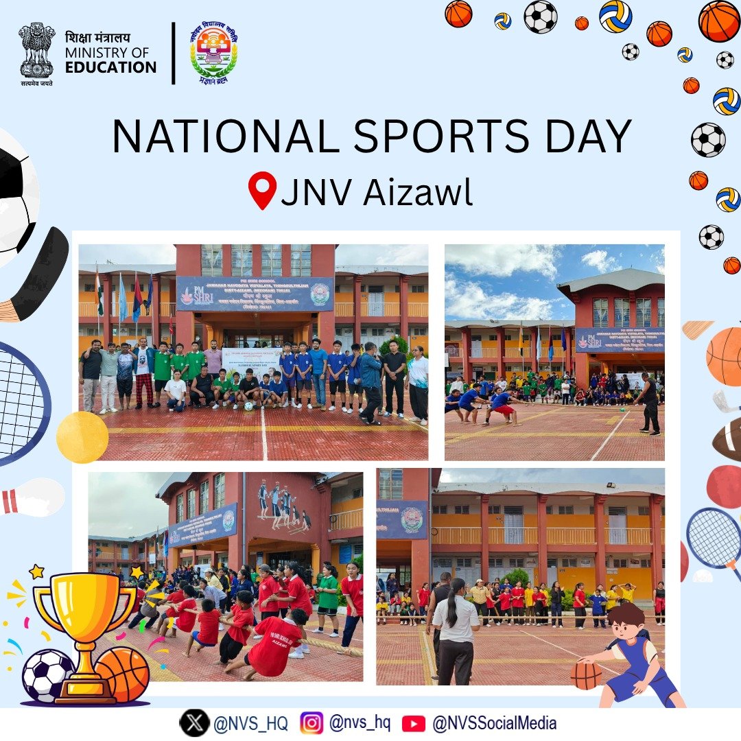 NVS_HQ's tweet photo. On the occasion of #NationalSportsDay, PM SHRI Jawahar Navodaya Vidyalaya, Aizawl organised a vibrant Sports Competition, promoting fitness, teamwork, discipline and sportsmanship among students. 🏆🏃‍♂️

#JNV #Navodaya #FitIndia #Sports https://t.co/9RElpFTjMr