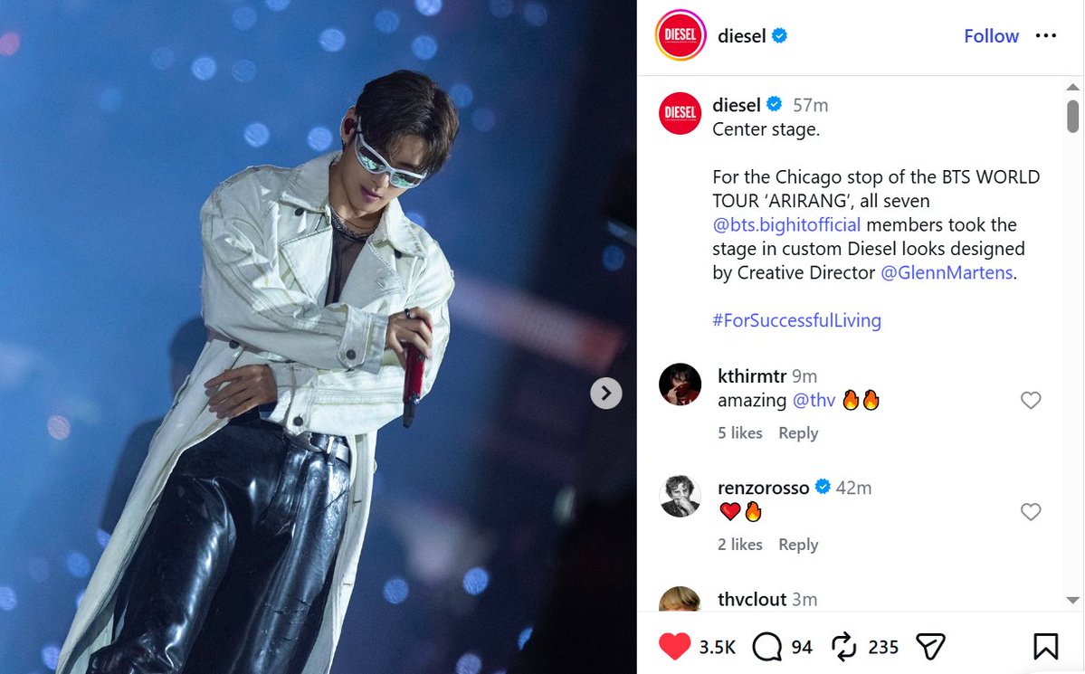 tetestream's tweet photo. Kim Taehyung is on the cover of Diesel's latest IG post for the ARIRANG tour outfit!

‼️ Engage with it: https://t.co/rVoux2bTHd https://t.co/TD5OPZ2Wx1